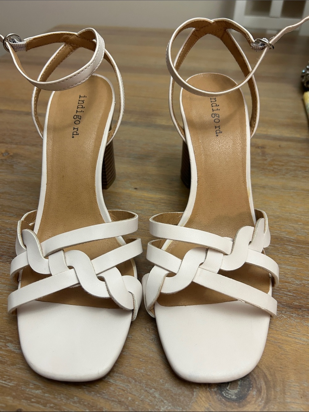 Indigo Braided-Strap Ankle Tie Block Heel Sandals in White